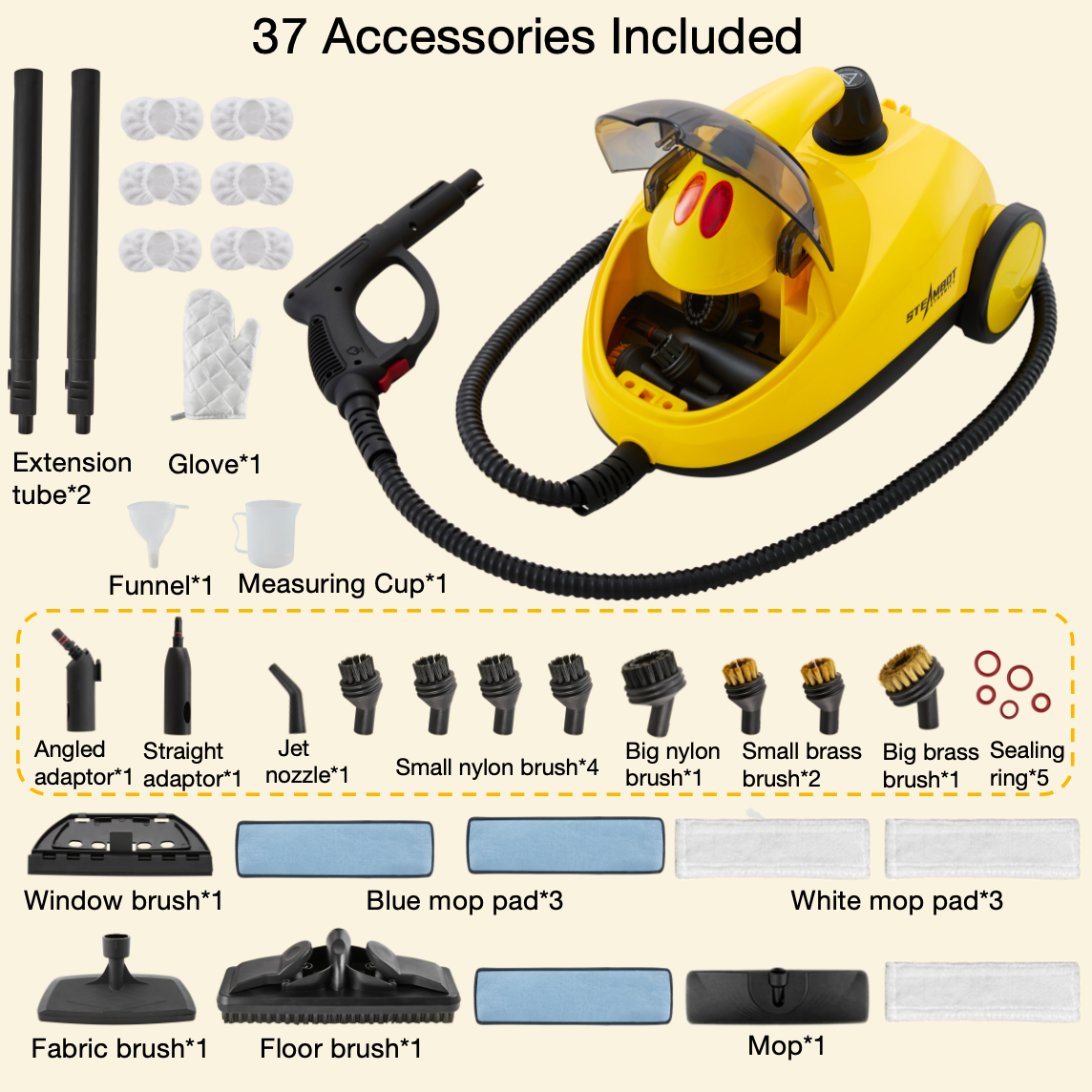 Steambot Steam Cleaner with 37-Pieces Powerful 302°F Steam Multipurpose Portable Steamer with 2L large water tank for cleaning Floors, Cars, Tiles, and Grout. Chemical-Free Disinfect and Kill 99.9% of Bacteria and Viruses.