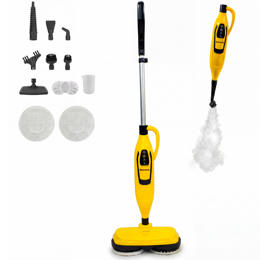 STEAMBOT Steam & Scrub Mop with Detachable Handheld Cleaner, 2-in-1 Spinning Floor Steamer with Multipurpose Accessories for Tile, Grout, Upholstery, Window & Car Detailing, XL Water Tank