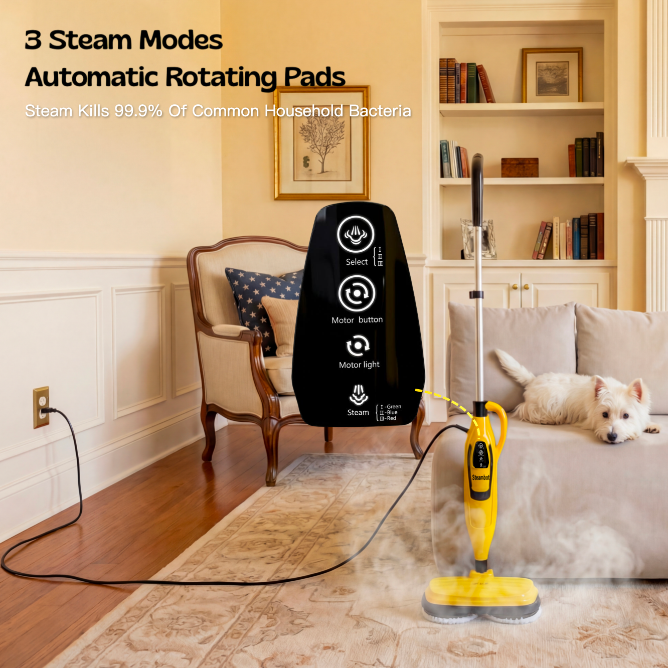 STEAMBOT Steam & Scrub Mop with Detachable Handheld Cleaner, 2-in-1 Spinning Floor Steamer with Multipurpose Accessories for Tile, Grout, Upholstery, Window & Car Detailing, XL Water Tank